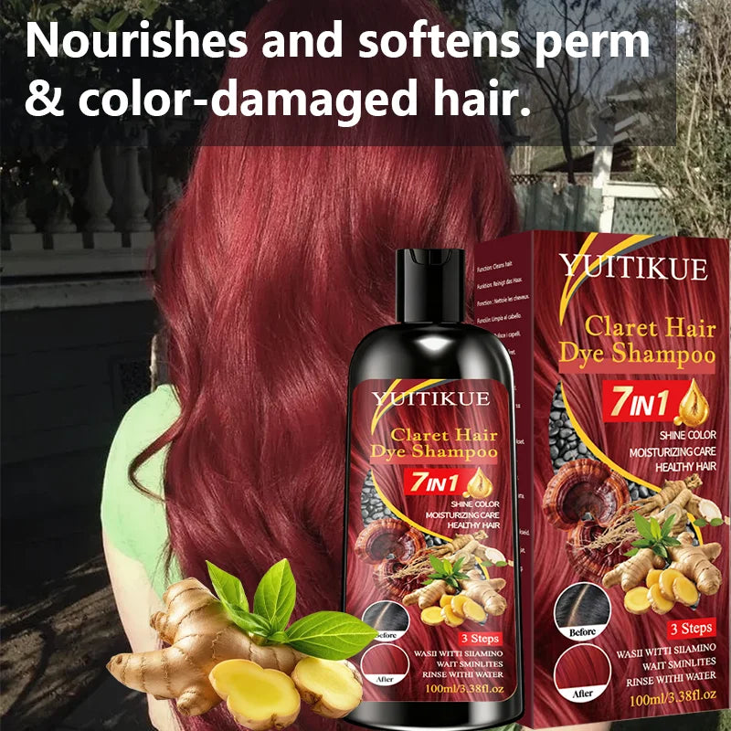 YUITIKUE 7 IN 1 Claret Hair Dye Shampoo Natural Ginger Herbal Moisturizing Long Lasting Hair Color Shampoo 100ml Peaceful Pleasures Health and Wellness