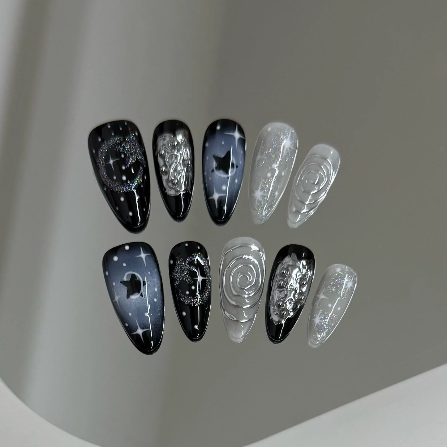 10pcs Handmade Press on Nails Y2k Starry Night Sky Almond Fake Nail Tips Detachable Wearable Sweet Cool False Nails for Girls Peaceful Pleasures Health and Wellness L 2