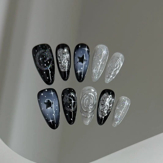 10pcs Handmade Press on Nails Y2k Starry Night Sky Almond Fake Nail Tips Detachable Wearable Sweet Cool False Nails for Girls Peaceful Pleasures Health and Wellness L 2