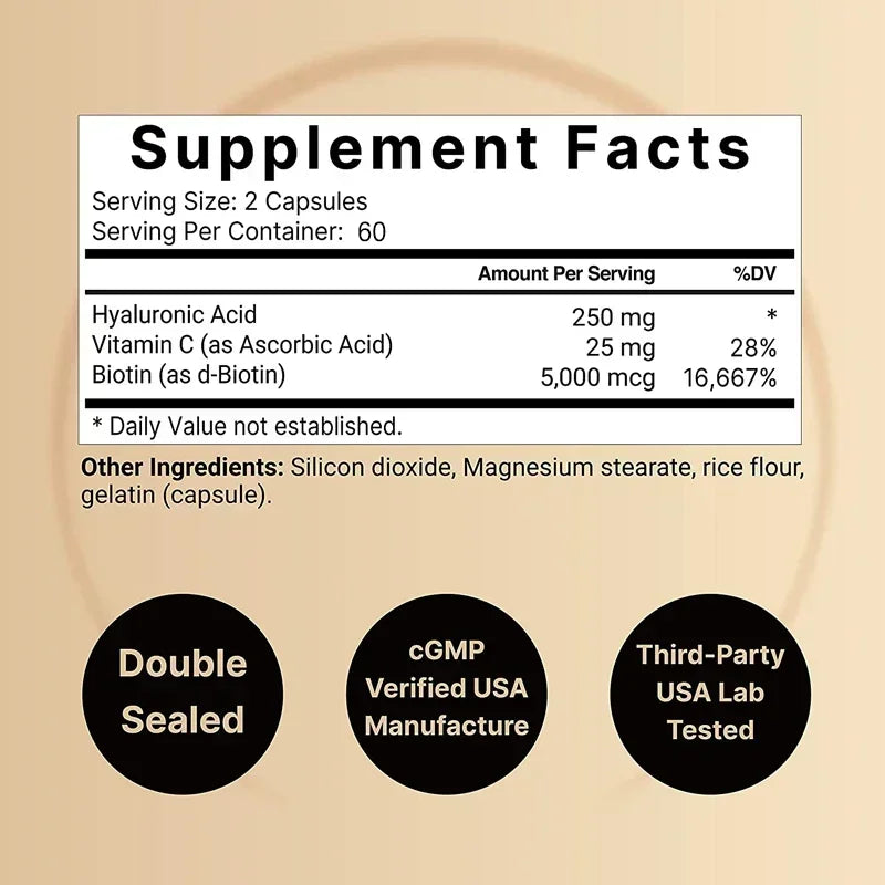 Hyaluronic Acid 250mg + Biotin & Vitamin C – 3-in-1 Capsules