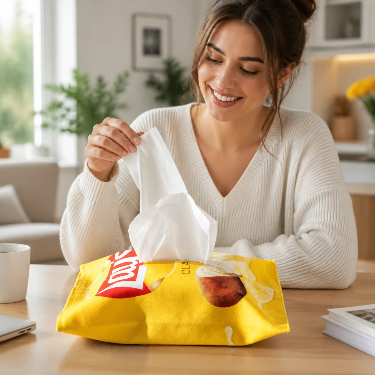Creative Velvet Potato Chip Pattern Tissue Box Cute Multifunctional Napkin Holder for Bedroom Living Room Car Office Kitchen Peaceful Pleasures Health and Wellness