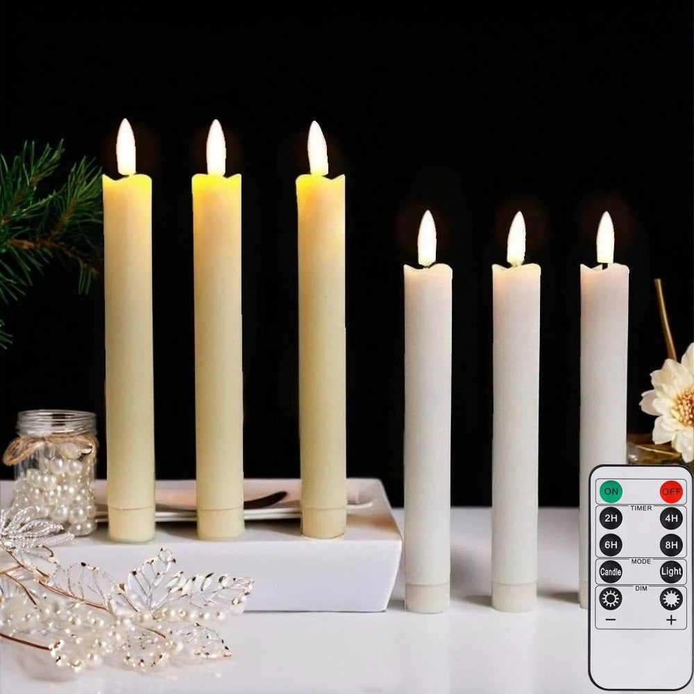 6Pc White/Ivory Flameless Taper Candles with Remote Timer Battery Operated Flickering LED Candle With Base for Indoor Home Decor Peaceful Pleasures Health and Wellness