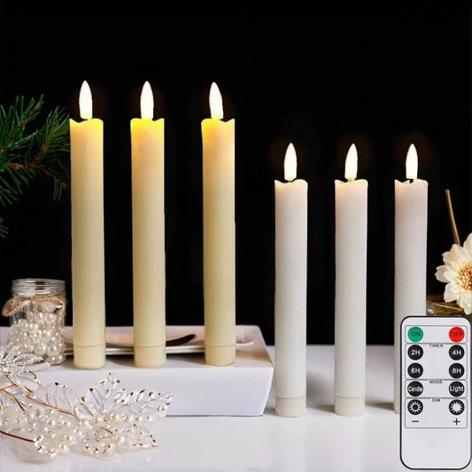 6Pc White/Ivory Flameless Taper Candles with Remote Timer Battery Operated Flickering LED Candle With Base for Indoor Home Decor Peaceful Pleasures Health and Wellness
