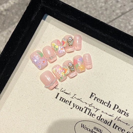 Handmade Press on Nails Short Pink French Fake Nail Tips for Women Girl Wearable Detachable Sweet Summer Flowers False Nails Peaceful Pleasures Health and Wellness XS