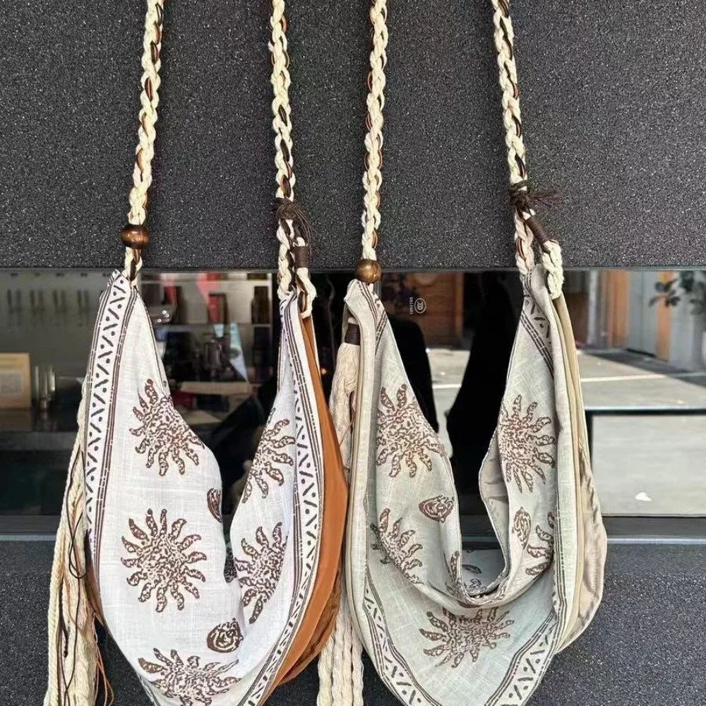 Bohemian Triangle Crossbody Bag | Linen Print Tassel Messenger Bag Crossbody Shoulder Bag Peaceful Pleasures Health and Wellness