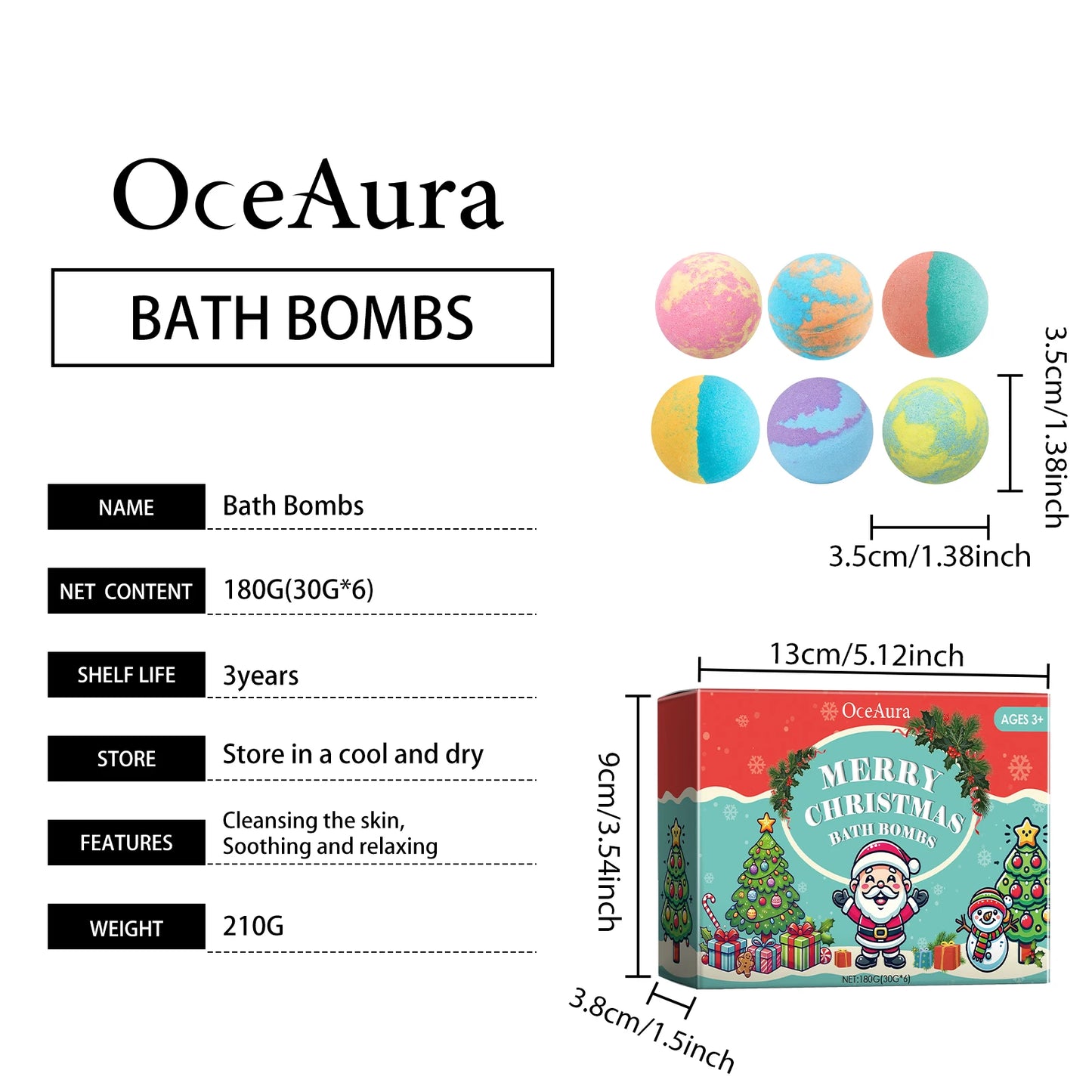 OceAura Christmas Bath Bombs 6-Pack | Plant-Based & Moisturizing