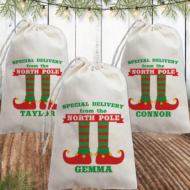 3-Pack Personalized Christmas Elf Drawstring Gift Bags | Custom Name Holiday Gift Bags Peaceful Pleasures Health and Wellness