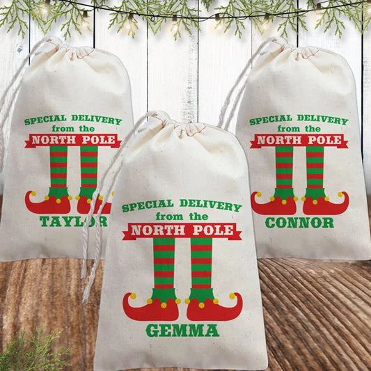 3-Pack Personalized Christmas Elf Drawstring Gift Bags | Custom Name Holiday Gift Bags Peaceful Pleasures Health and Wellness