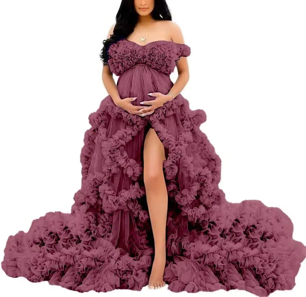 Photoshoot & Baby Shower Tulle Maternity Dress - Off Shoulder, Puffy Ruffles, Elegant Long Robe for Pregnancy Peaceful Pleasures Health and Wellness Desert Rose US 4