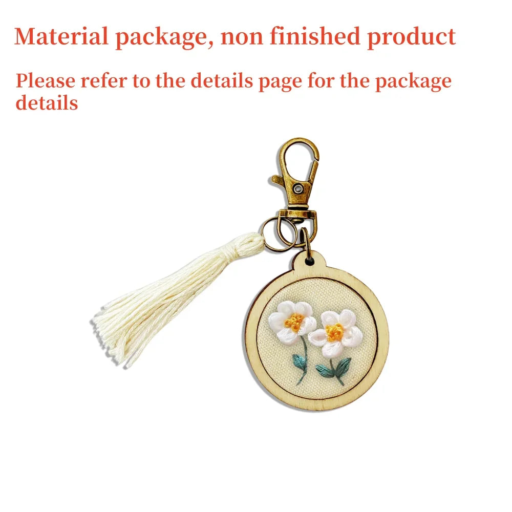 Mini Embroidery Keychain Accessory Set Embroidered Ring Frame Wooden Pendant Hand Embroidered DIY Keychain Handmade Material Kit Peaceful Pleasures Health and Wellness 7