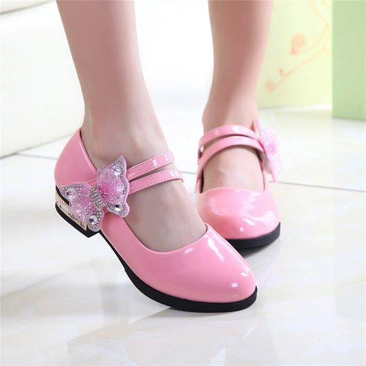 Girls Leather Shoes for Party Wedding Kids Performance Shoes with Butterfly-knot Fashion Children High Heels Rhinestone Shoes Peaceful Pleasures Health and Wellness 34 Pink