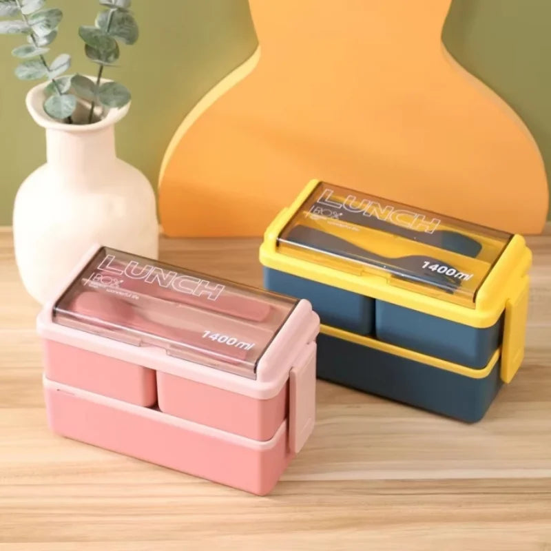Double Layer Portable Lunch Box For Kids With Fork and Spoon Microwave Bento Boxes Dinnerware Set Food Storage Container Peaceful Pleasures Health and Wellness