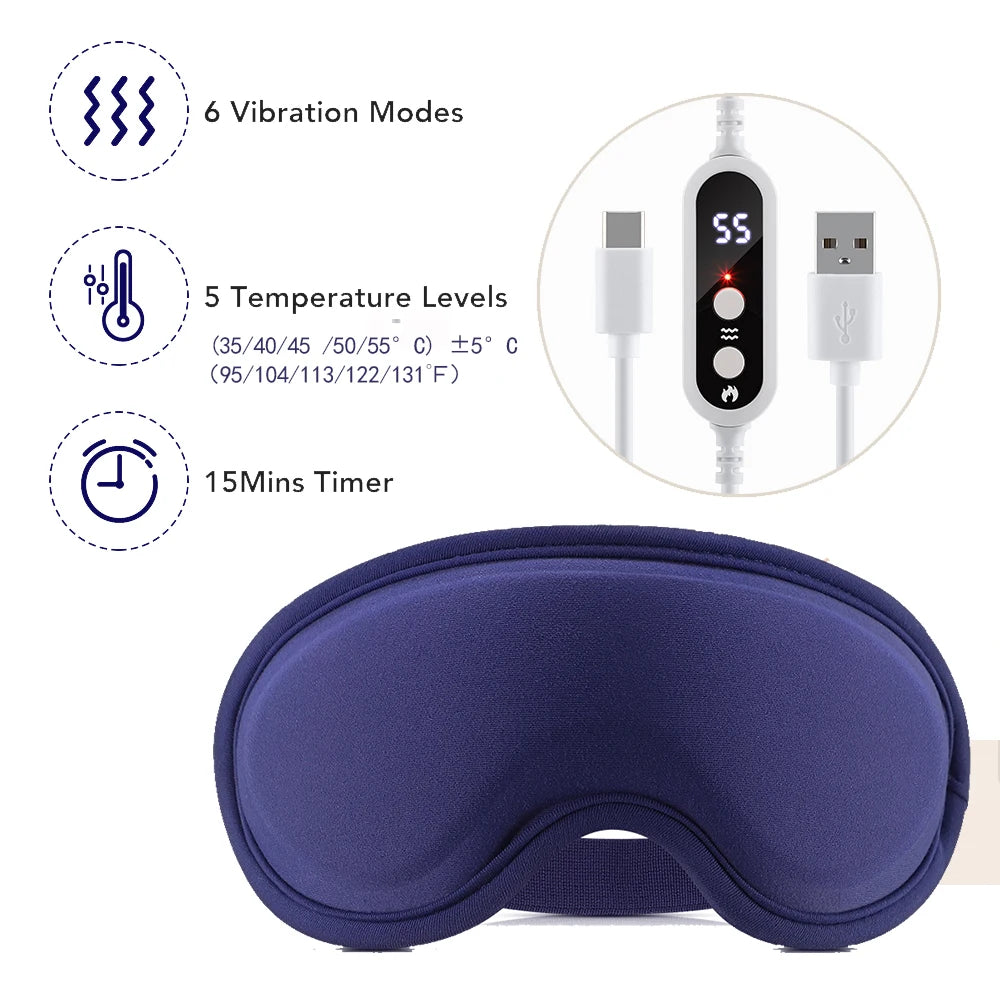 USB Eye Massager Heated Eye Shade Relieve Eye Fatiuge Remove Dark Circles Hot Eye Cover for Night Sleep Travel Office Eye Mask Peaceful Pleasures Health and Wellness 5 Heat 6 Vibration