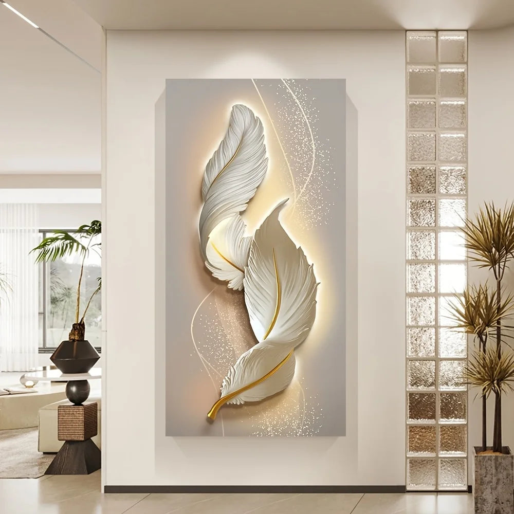 Nordic Luxury Abstract Wall Art Golden White Feathers Canvas Painting Gold Ribbon Posters for Porch Corridor Home Decoration Peaceful Pleasures Health and Wellness ZLH3197 30x45cm No Frame