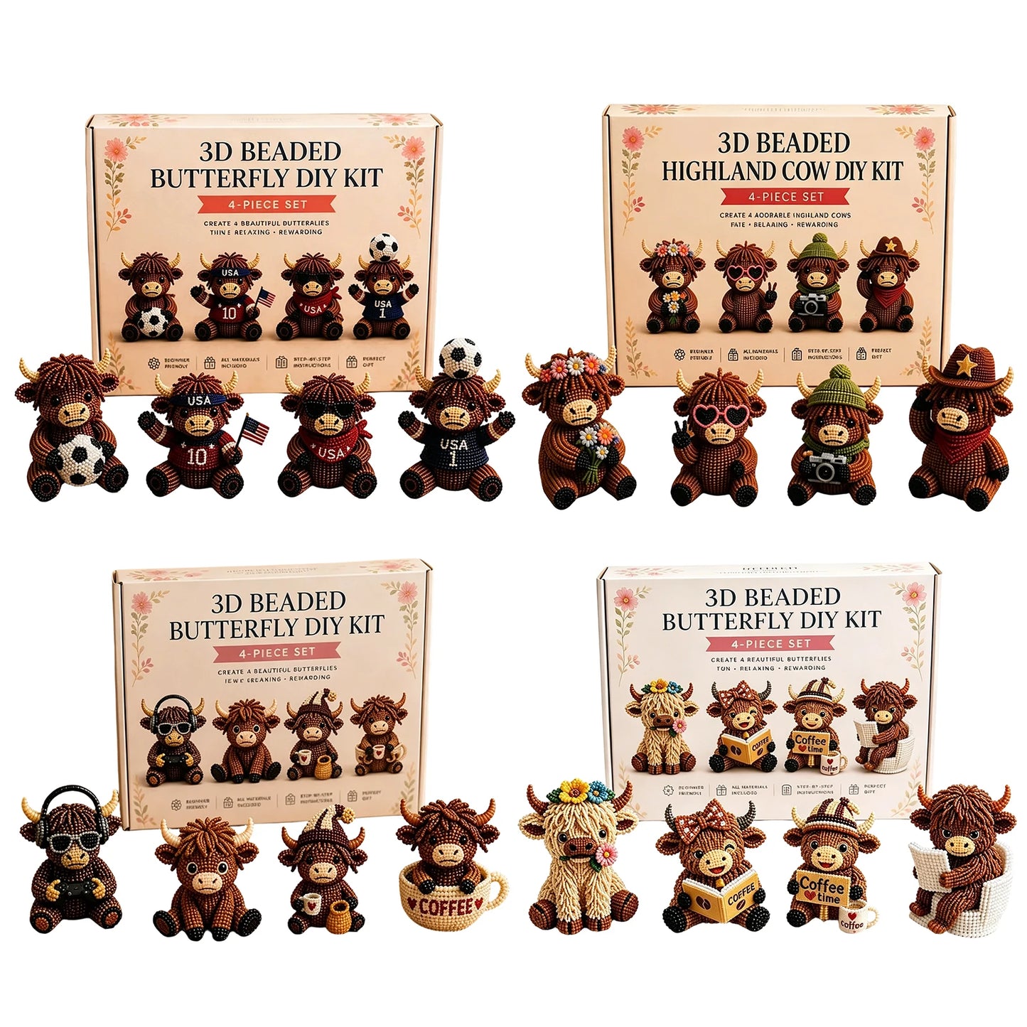 3D DIY Beaded Animal DIY Kit 4PCS Cute Highland Cow Beading Craft Set Animal Beading Kit Gift for Beginners & Craft Enthusiasts Peaceful Pleasures Health and Wellness