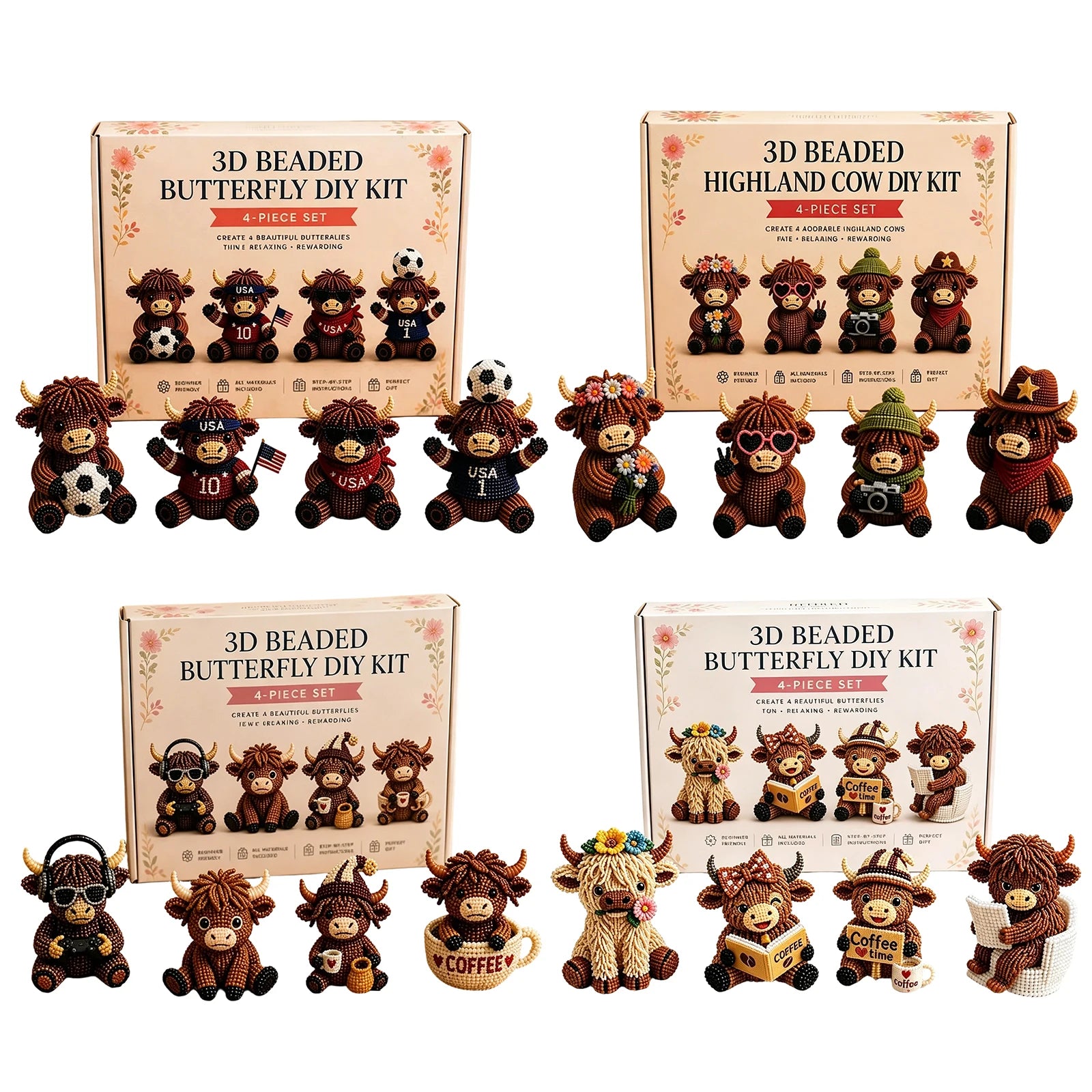 3D DIY Beaded Animal DIY Kit 4PCS Cute Highland Cow Beading Craft Set Animal Beading Kit Gift for Beginners & Craft Enthusiasts Peaceful Pleasures Health and Wellness