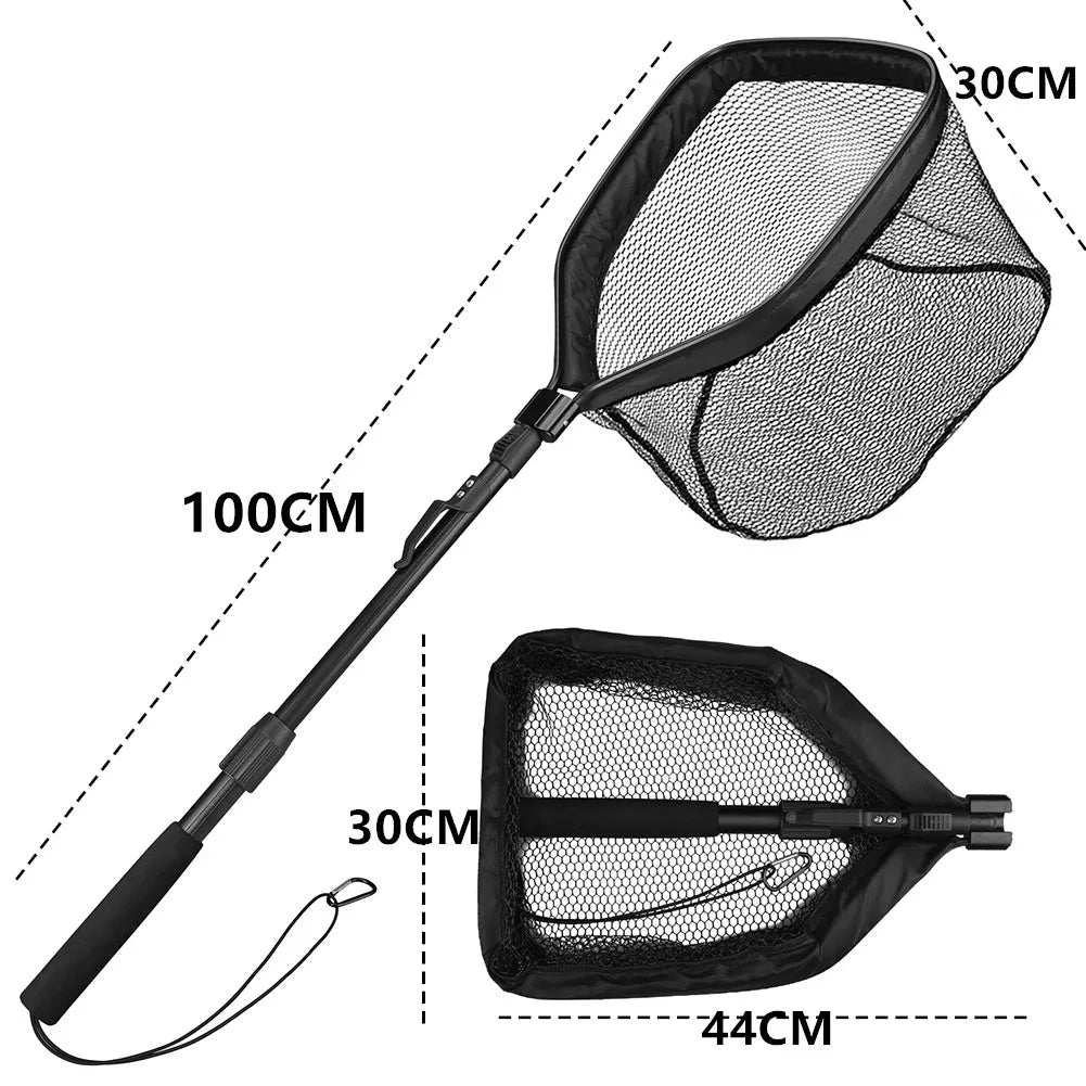 Folding Fishing Landing Net with Aluminum Telescoping Pole Handle Nylon Mesh Hoop 55cm 80cm 100cm Extend for Kids Adults Peaceful Pleasures Health and Wellness 100CM