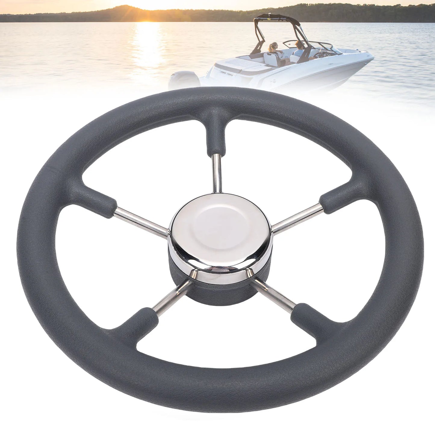 13" Stainless Steel Boat Steering Wheel | 5-Spoke Foam Grip