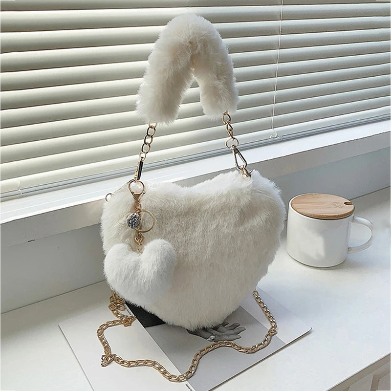 New Korean Style Plush Bags Trendy Heart-shaped Crossbody Bags Versatile Autumn Winter Single Shoulder or Handheld Clutch Wallet Peaceful Pleasures Health and Wellness WHITE