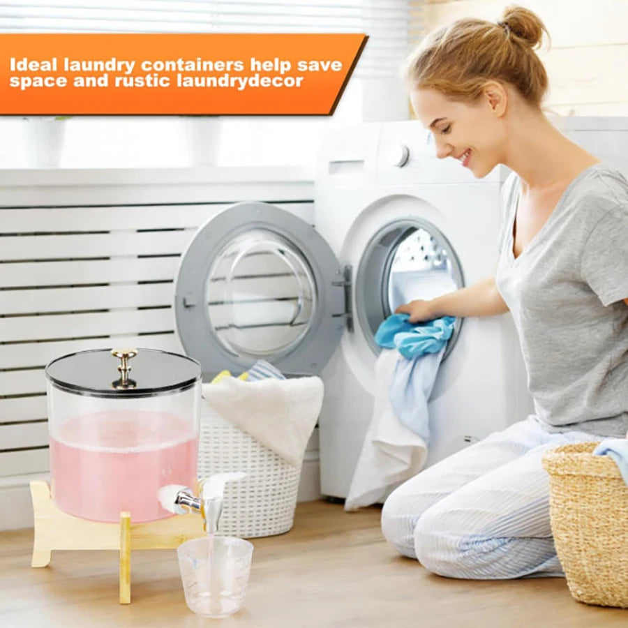 Laundry Detergent Dispenser with Shelf Stand & Spout Lid – Round PS Plastic Container for Laundry Room Organization