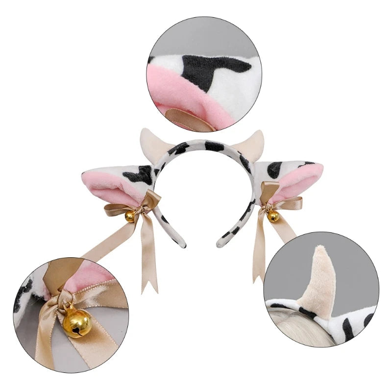 Cartoon Plush Cow Ears Horn Headband Small Bells Ribbon Bow Anime