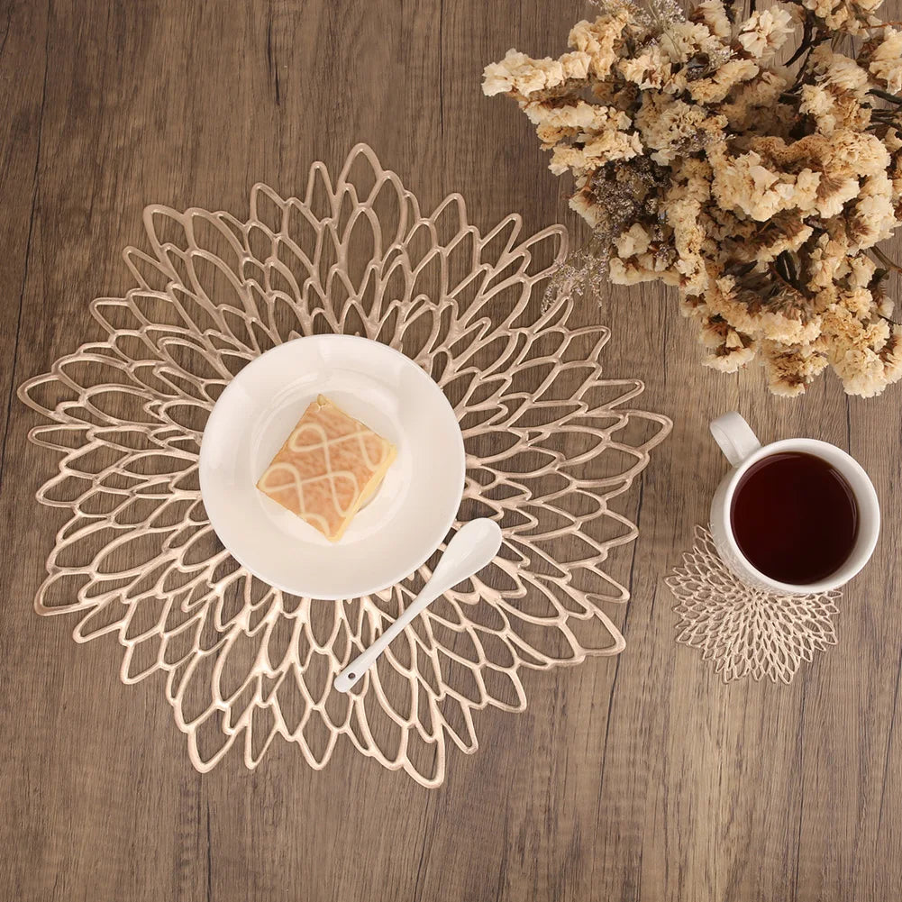 10CM/38CM Vinyl Hollow Out Cup Coaster PVC Flower Round Irregular Placemat Pads for Kitchen Wedding Party Holiday Home Decor Peaceful Pleasures Health and Wellness