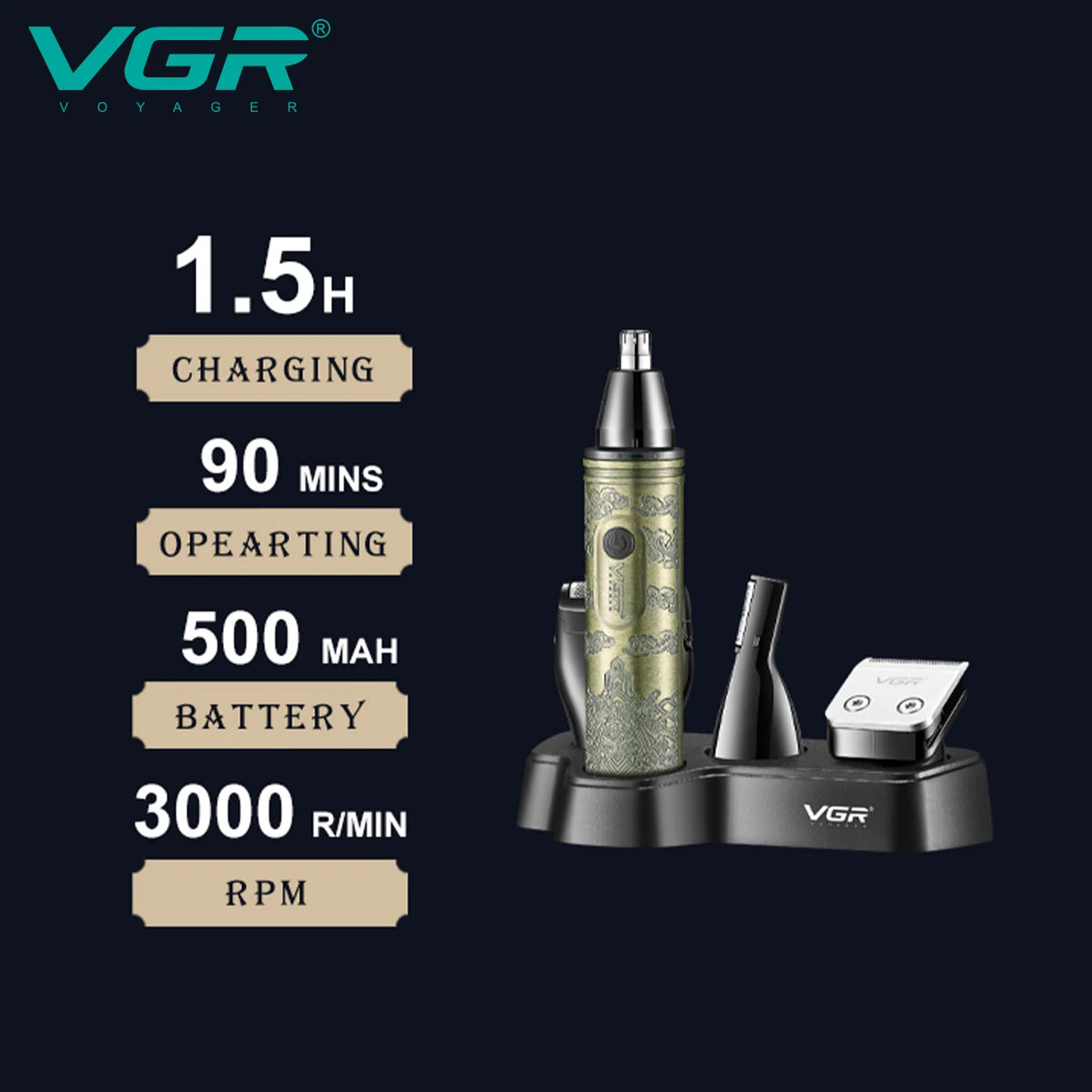 VGR 621 4-in-1 Hair Cleaning Set for Men: Shaver, Carving, Haircutting, Pushing, Metal Nose Hair Trimmer, Electric Shaver Peaceful Pleasures Health and Wellness