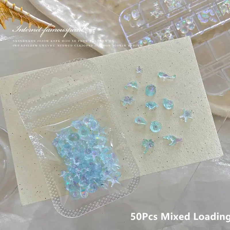 50 PCS Ocean Series Glossy Colorful Shell Starfish Conch Fishtail Resin Nail Art Rhinestones Jewel Decorations Manicure Ornament Peaceful Pleasures Health and Wellness Blue