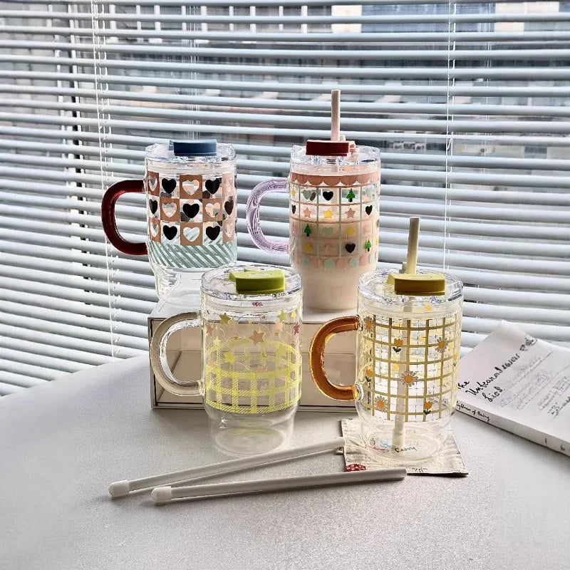 New 760ml Cartoon Printed Car Cup, High Borosilicate Glass Straw Cup with Handle, Double Drinking Car Office Casual Cup Peaceful Pleasures Health and Wellness