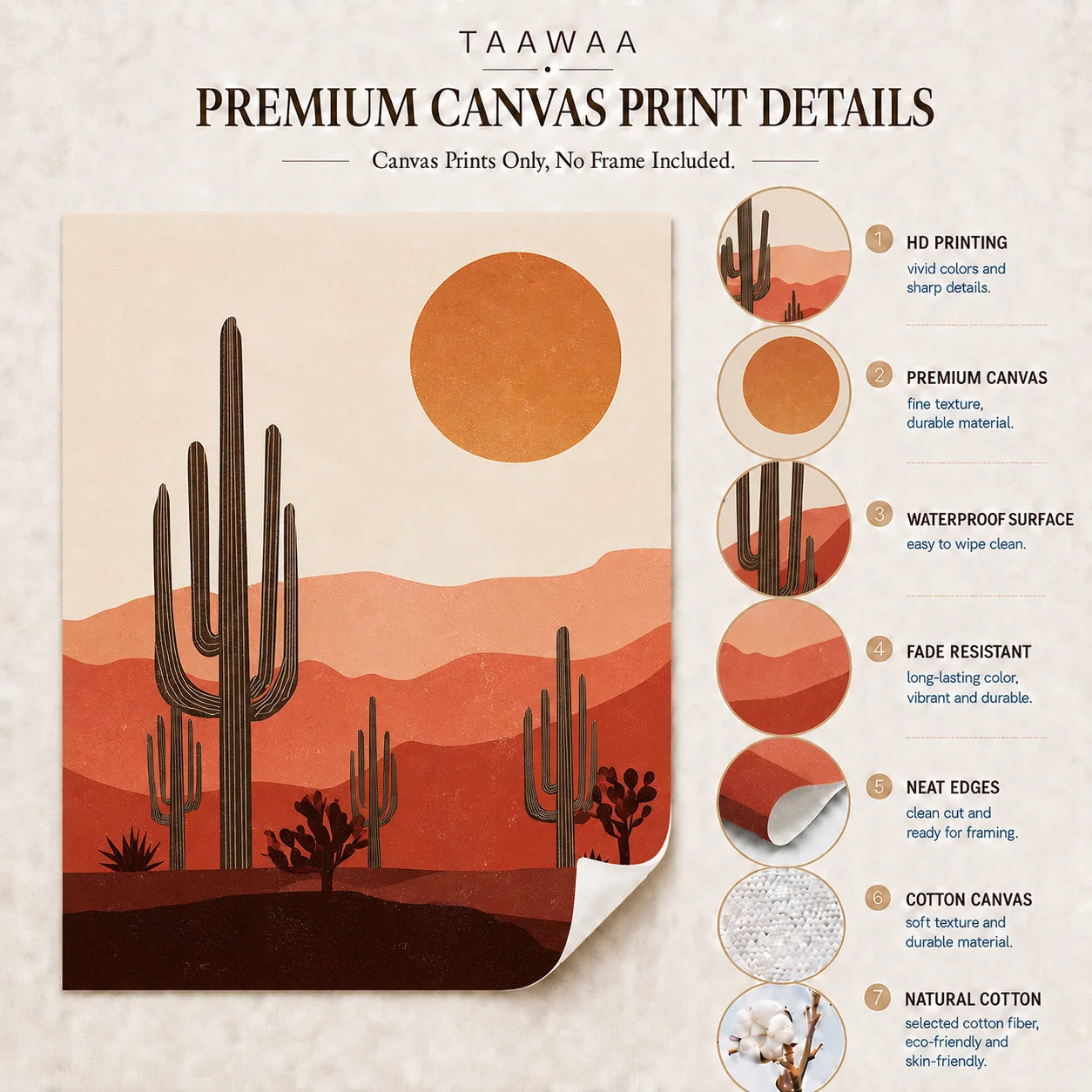 Boho Cactus Desert Sunset Canvas Wall Art Print | Unframed Canvas Wall Art Print Peaceful Pleasures Health and Wellness