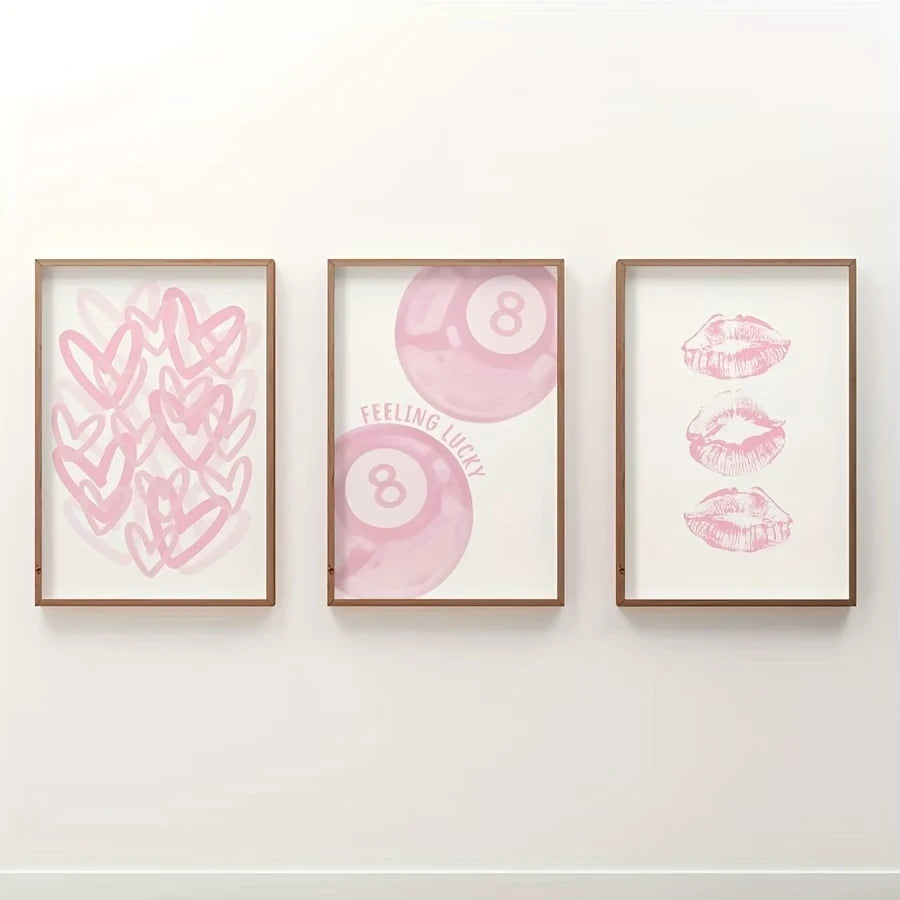 3-Piece Kissing Lips Abstract Pink Canvas Wall Art Print Set