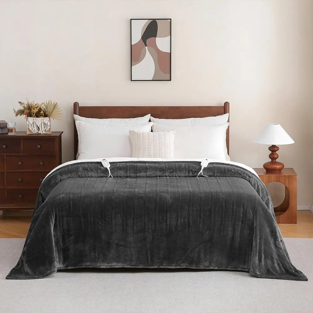 Twin Electric Heated Blanket 62x84" – Flannel & Sherpa, 8 Levels, ETL, Grey Peaceful Pleasures Health and Wellness