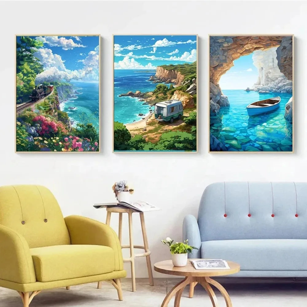 Anime Summer Landscape Canvas Wall Art | Beach Forest Cabin