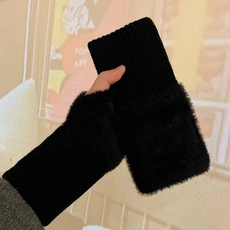 Women's Mink Fleece Fingerless Gloves | Half Finger Winter Mitts