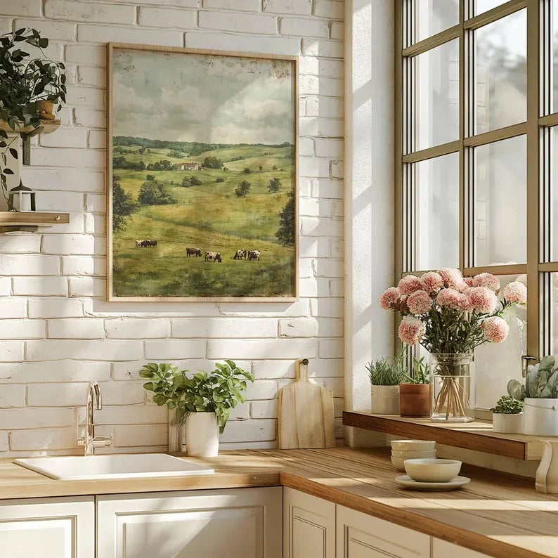 Retro Farmhouse Cow Landscape Canvas Wall Art Print | Unframed