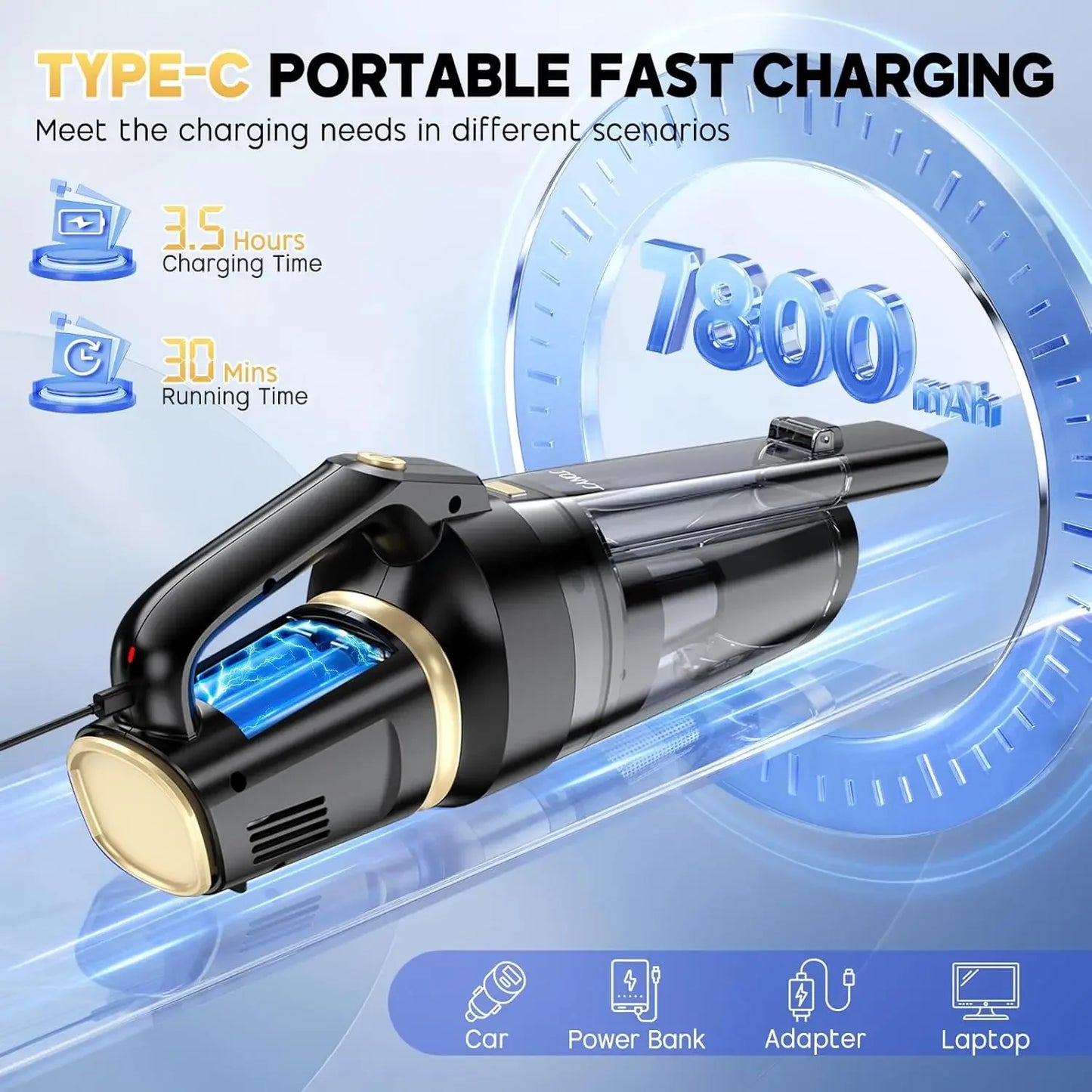 16000PA Cordless Handheld Vacuum Cleaner with LED Light Vacuum Cleaner Peaceful Pleasures Health and Wellness