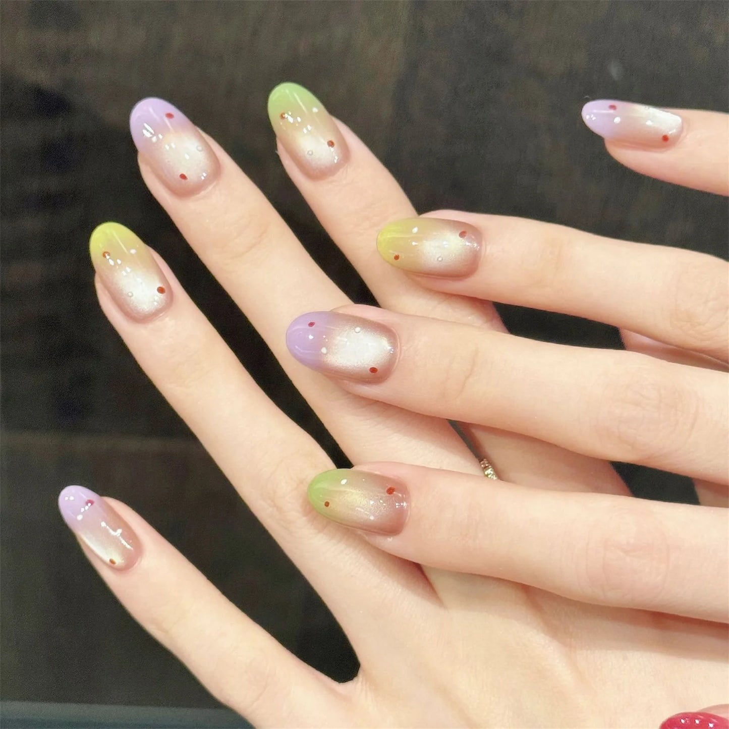 10pcs Handmade Press On Nails Rainbow Gradient Cat Eyes False Nails Short Oval Diy Manicure Nail Art Polka Dot Design For Women Peaceful Pleasures Health and Wellness