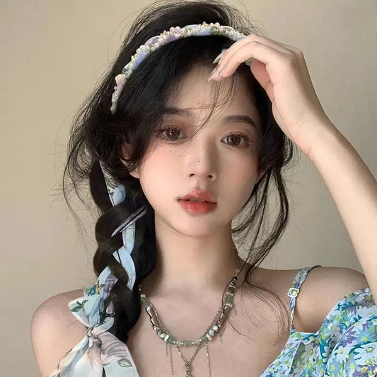 Summer Floral Braided Headband Womens Tied Hair Scarf Floating Headband Headband One System Pearl Tie Peaceful Pleasures Health and Wellness blue