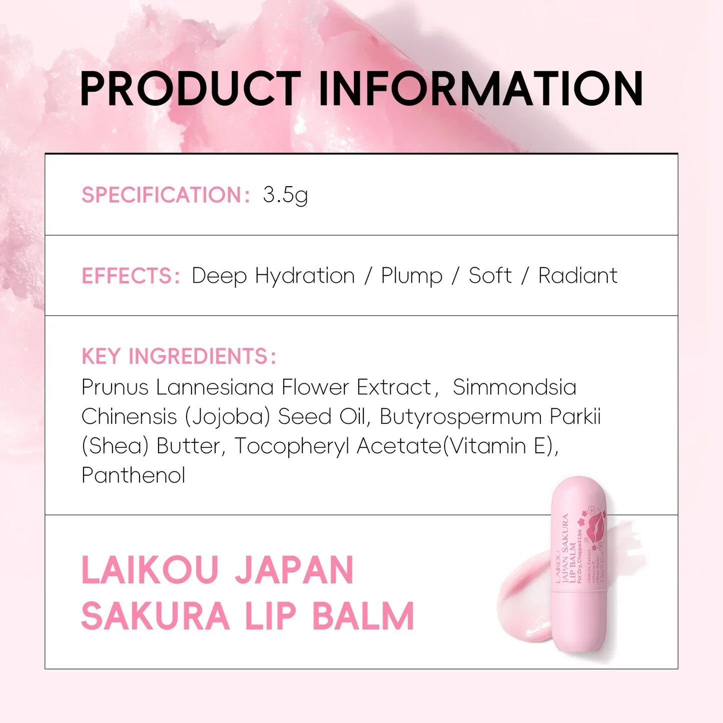 LAIKOU Sakura Lip Balm – Hydrating & Nourishing 3.5g Peaceful Pleasures Health and Wellness