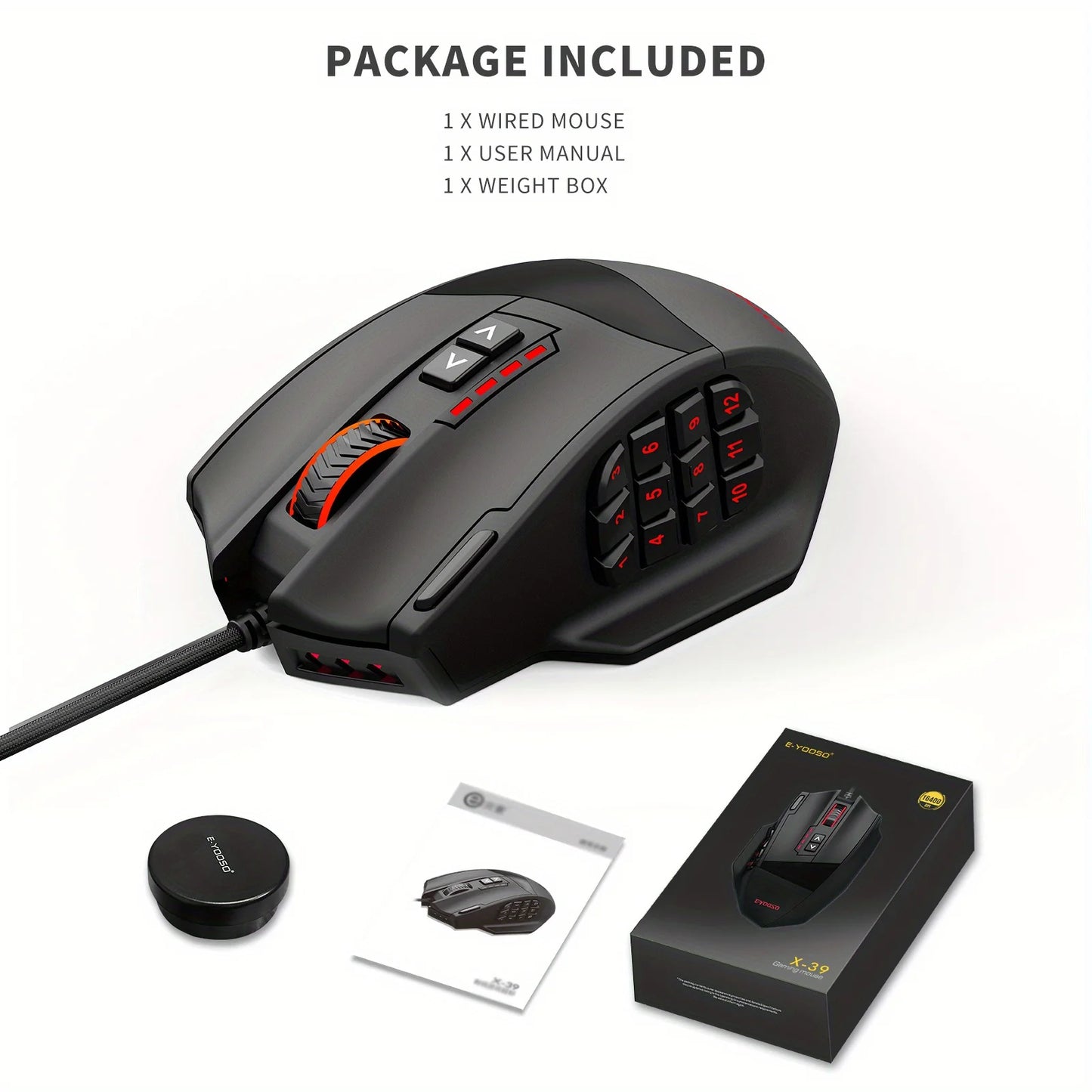 E-YOOSO X-39 Programmable Gaming Mouse, Wired RGB Mouse with 18 Buttons, 8 Removable Weights, 5 DPI, Ergonomic Grip for Computer Peaceful Pleasures Health and Wellness Black