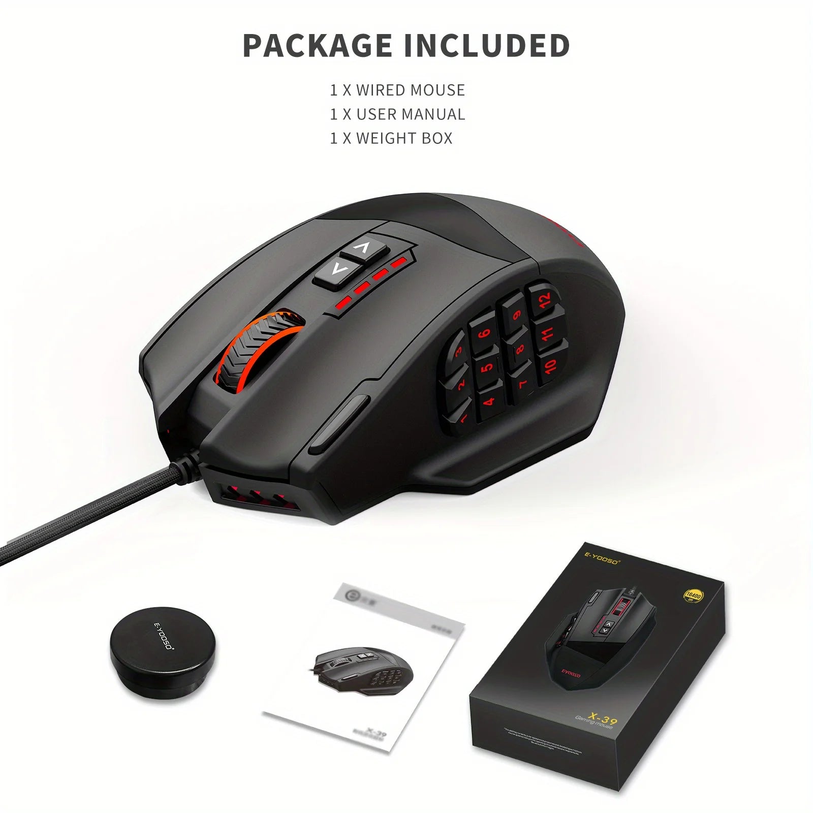 E-YOOSO X-39 Programmable Gaming Mouse, Wired RGB Mouse with 18 Buttons, 8 Removable Weights, 5 DPI, Ergonomic Grip for Computer Peaceful Pleasures Health and Wellness Black