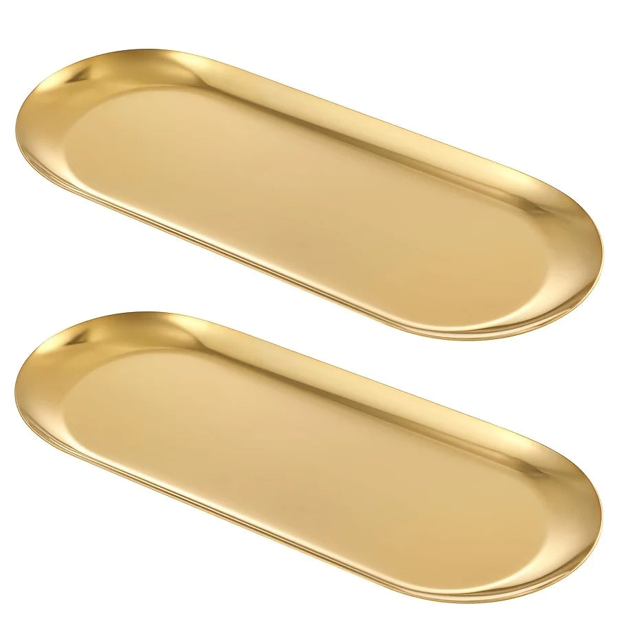 Decorative Metal Vanity Tray – Stainless Steel Jewelry Dish & Perfume Candle Organizer for Bathroom & Dresser Counter Peaceful Pleasures Health and Wellness 2pcs