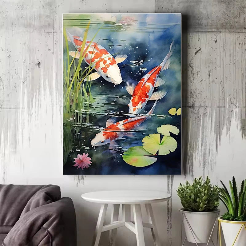 Red Koi Fish Lotus Canvas Wall Art | Good Luck Home Decor