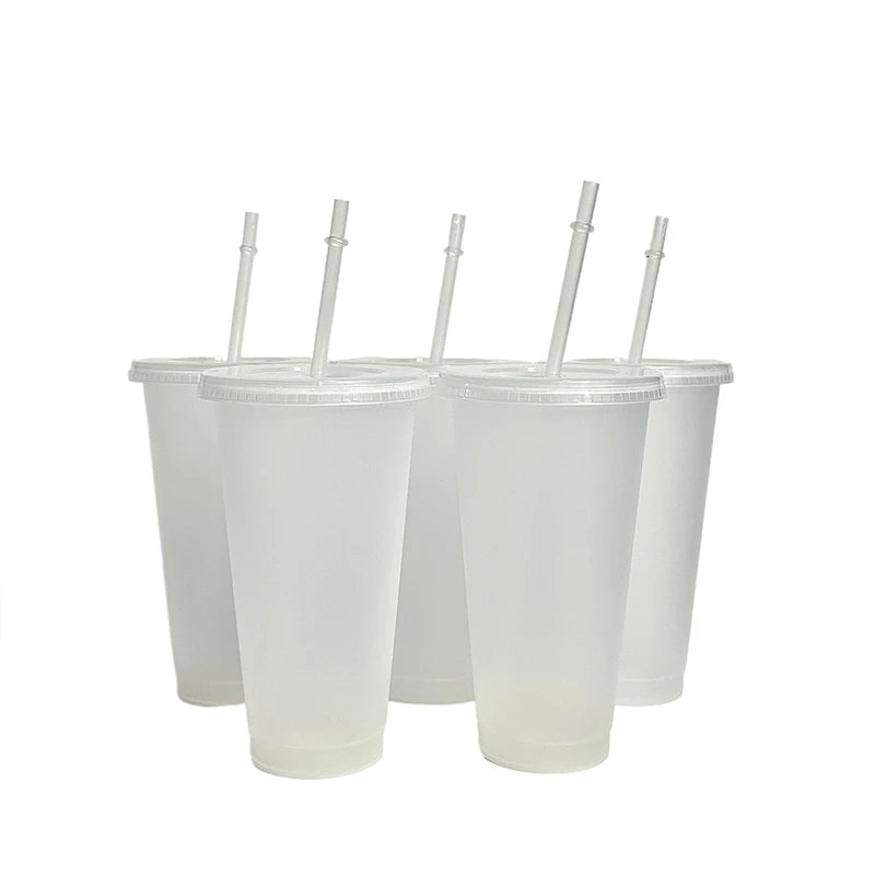 710ml White Straw Mug With Lid Color Changing Coffee Mug Reusable Cup Plastic Matte Finish Drinking Mug Couple's Cups Peaceful Pleasures Health and Wellness