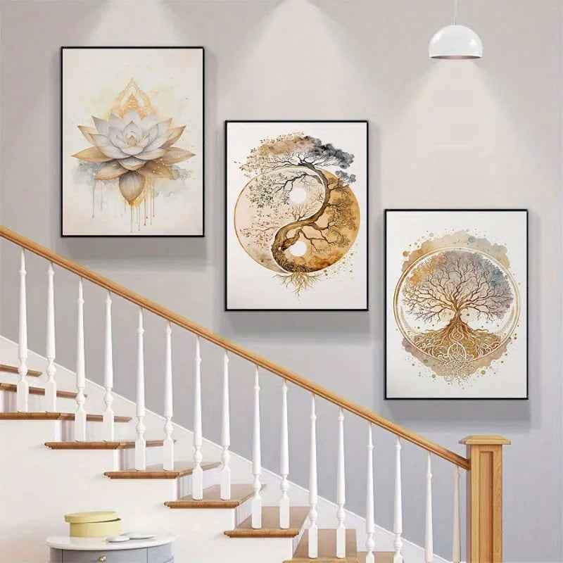 3-Piece Bohemian Lotus & Tree of Life Canvas Wall Art Prints Canvas Wall Art Set Peaceful Pleasures Health and Wellness