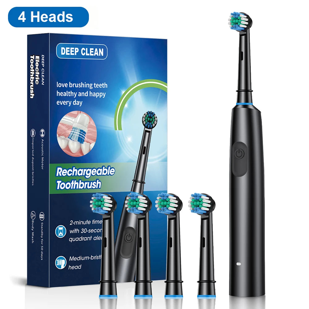 Electric Toothbrush Rotary Rechargeable Electric Toothbrush for Adults Rotating Electric Toothbrushes with 8 Soft Brush Heads Peaceful Pleasures Health and Wellness Black 4 Heads