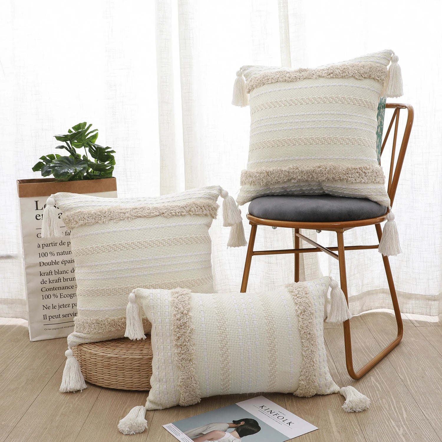 Battilo Boho Throw Pillow Cover Tufted Pillow Case with Tassels Neutral Woven Cushion Cover for Sofa Bed Living Room Home Decor Peaceful Pleasures Health and Wellness