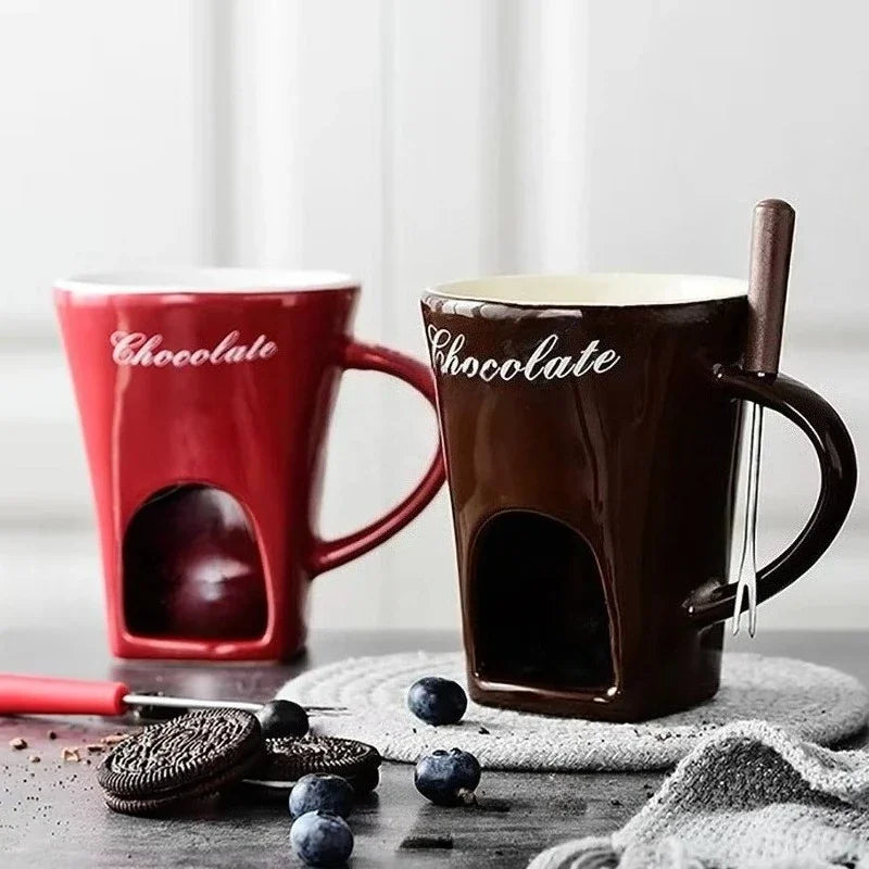 Personal Mini Ceramic Fondue Pot Mug Set – Chocolate & Cheese