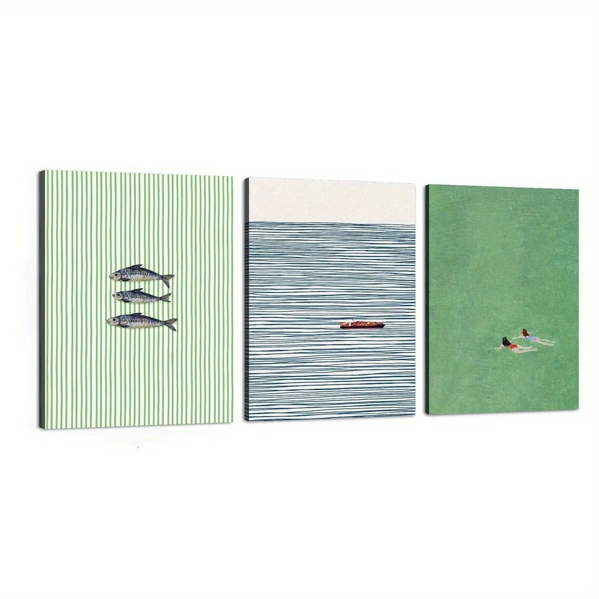 3-Piece Oceanic Fish Green & White Canvas Wall Art Print
