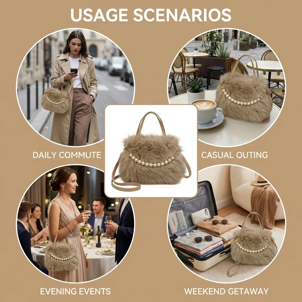 Women's Faux Fur Beaded Handbag Small Square Design Versatile Commuter Crossbody Bag Peaceful Pleasures Health and Wellness